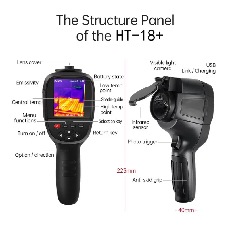 HT-18 플러스 휴대용 온도계 적외선 열화상 카메라, HD 디지털 온도계 카메라, 바닥 벽 난방 파이프 테스터, 2023 년 신제품
