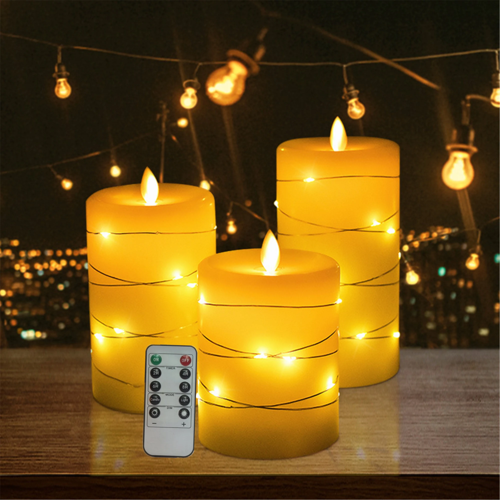 

Flameless pillar Candle with moving wick suround string lights-Dia 3.15" Real wax battery operated eletric Flickering led candle