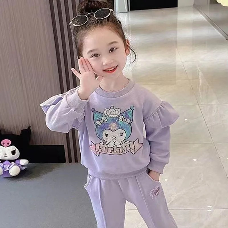 

Cartoon Kuromi Girls 2Pcs-Set Anime Kawaii Sanrio Spring Autumn Baby Girly Heart Casual Long Sleeve Sweatshirt Sets for Children