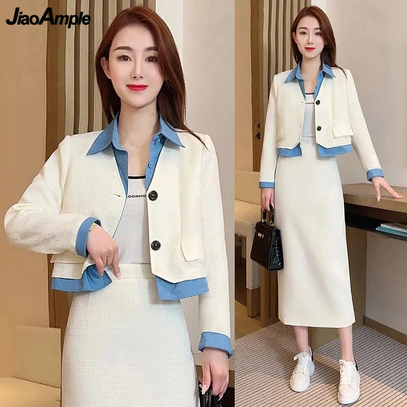 Women Spring Autumn Matching Sets Korean Office Lady Fake Two Piece Shirt Patchwork Coats Skirt Outfits 2023 White Jacket Suits women clothing spring autumn knitted blouse office lady fake two piece plaid patchwork knit shirt retro turn down collar tops