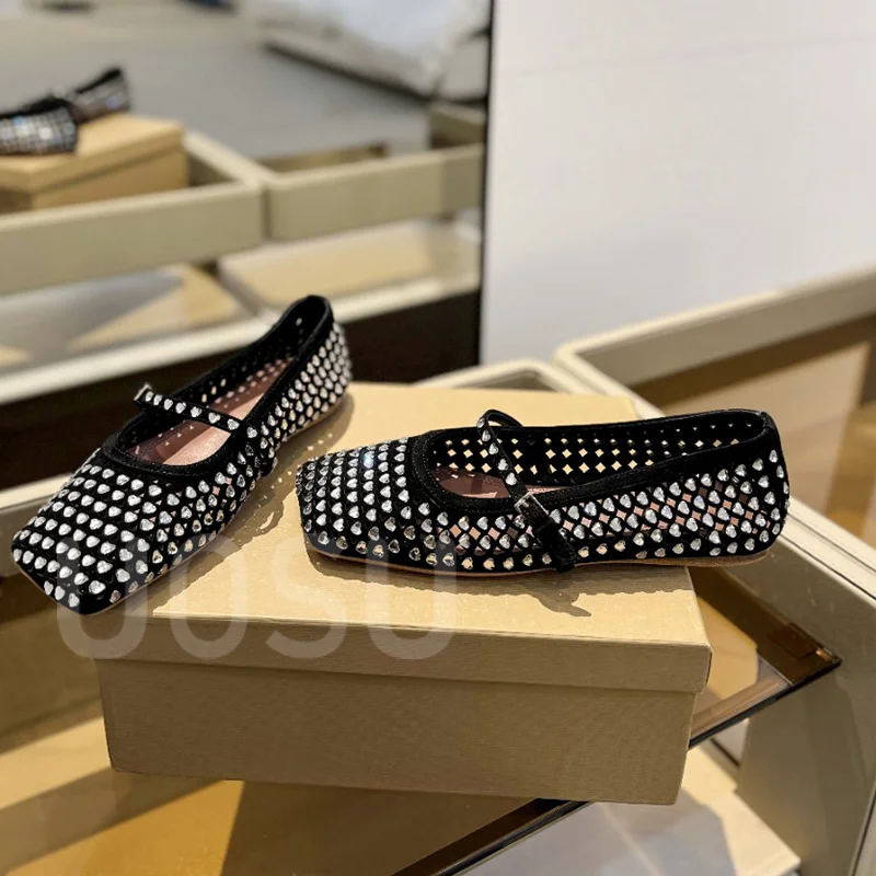 Luxury Women's Flats Designer Mesh Hollowed Out Heart Crystal Shallow Banquet Women's Shoes Square Toe Ballet Shoes Dresses