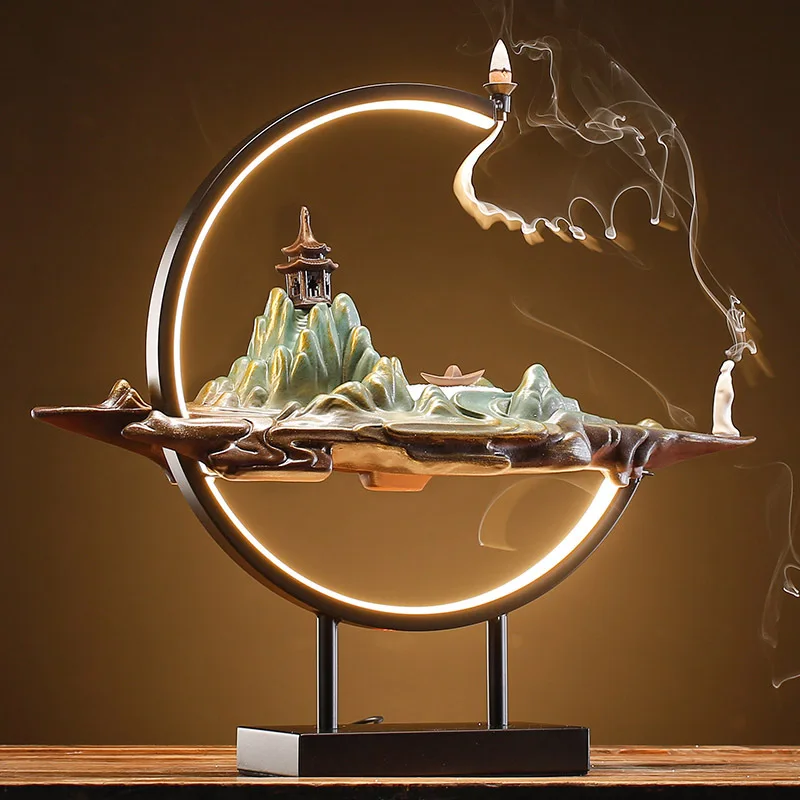 

Creative Rockery Backflow Incense Burner Home Decor with Lamp Circle Ceramic Incense Burner Living Room Porch Desktop Decoration