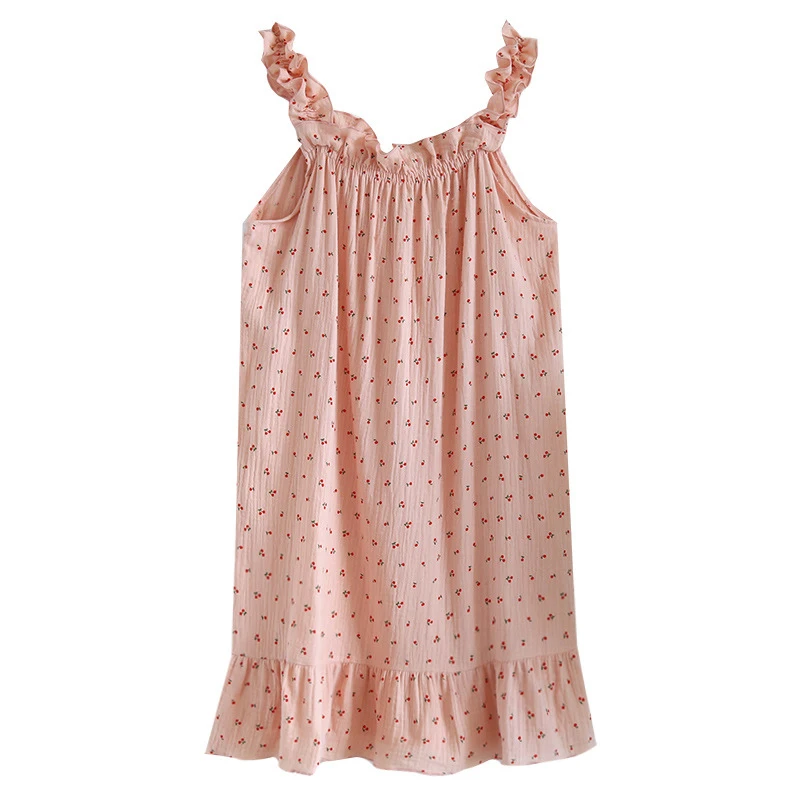 New Printed Ruffle Edge Sling Nightdress For Women Summer Thin Loose Large Size Nightgown Korean New Off Shoulder Home Pajama