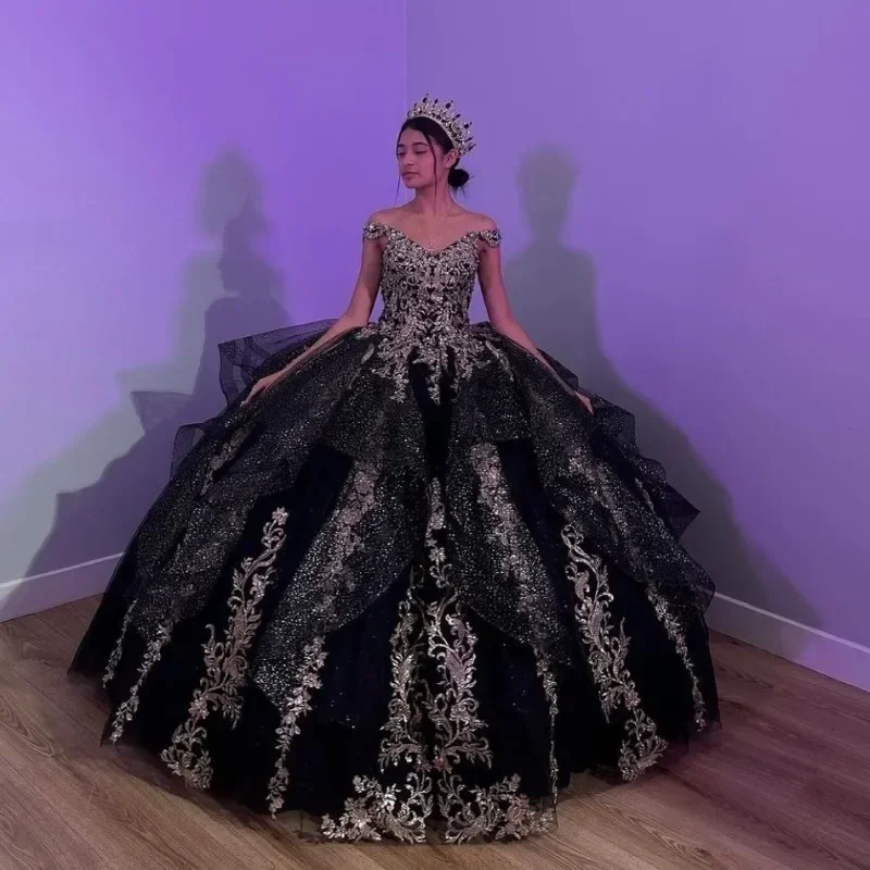 

ANGELSBRIDEP, Черное женское платье Quinceanera, бальное платье 2024, кружевное длинное милое платье принцессы 16, свадебное платье
