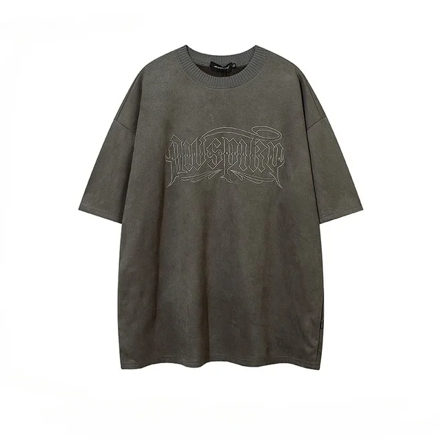 Foufurieux American Retro Suede Embroidery Short-sleeved T-shirt Men's High Street Causal Loose T-shirts Men Top Male Clothes 2