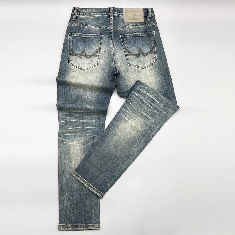 Fashion Designer Men Jeans High Quality Retro Washed Blue Stretch Slim Fit Ripped Jeans Men Vintage Designer Denim Pants Hombre
