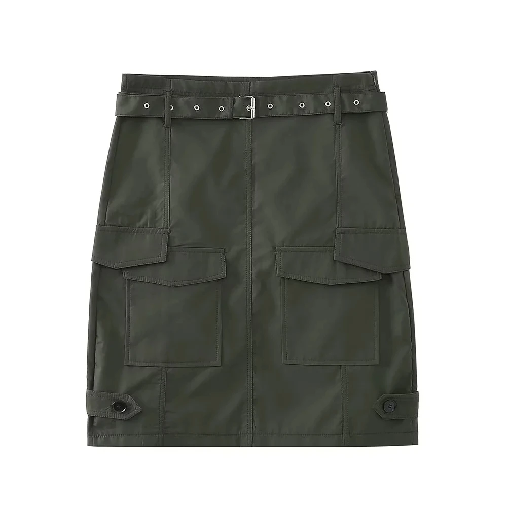

TRAF Green Skirts For Women 2023 Fashion Pocket Belted Zip Midi Skirt Elegant Social Women's Skirt Set Autumn Mid Waist Skirts