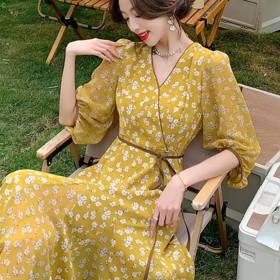 

Женское облегающее платье с цветочным принтом, элегантное платье с V-образным вырезом и шнуровкой, лето 2023