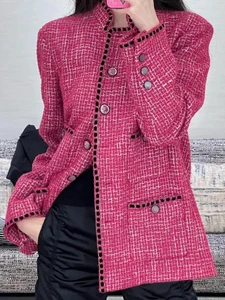 Stand Collar Tweed Jackets Women Tops 2024 New Spring Autumn Elegant Single Breasted Weave Coat Female Abrigos Jaqueta Feminina