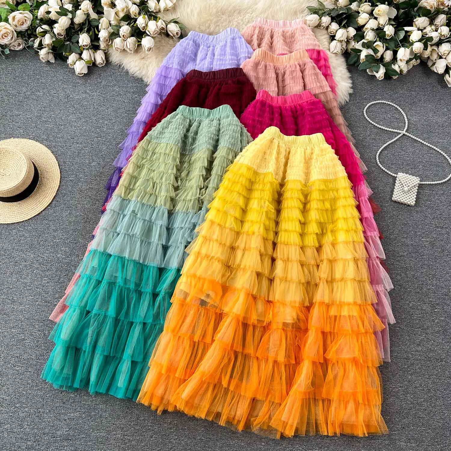 

Women Chic Pleated Asymmetric Gradient Tiered High Waist Elegant Korean Fashion A-Line Skirt Casual Summer Clothing