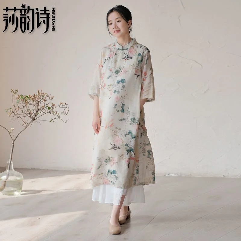 

New Chinese Style Art Standing Neck Slant Flap Plate Buckle Loose and Slim Ramie Modified Qipao Dress Zen Skirt