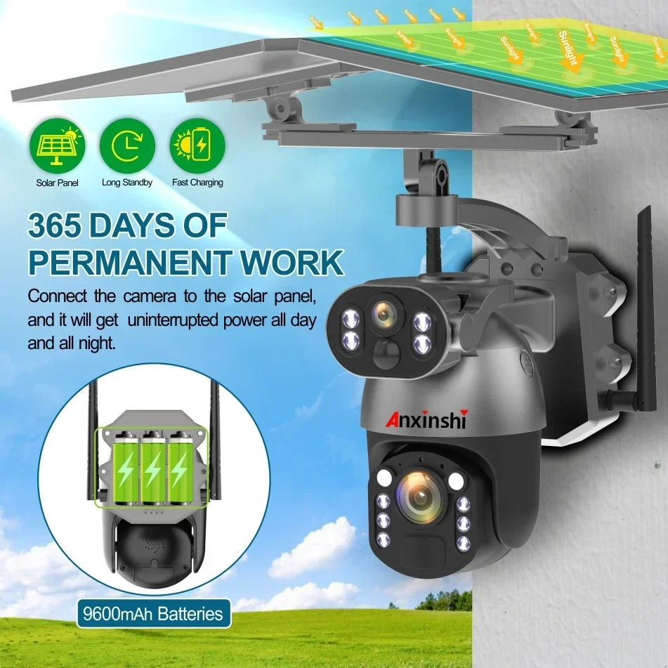 안신시 브랜드 4G LTE 태양광 무선 UBox 앱 지원 50배줌 태양광 카메라 (양방향 오디오, 듀얼 태양광 패널 포함)