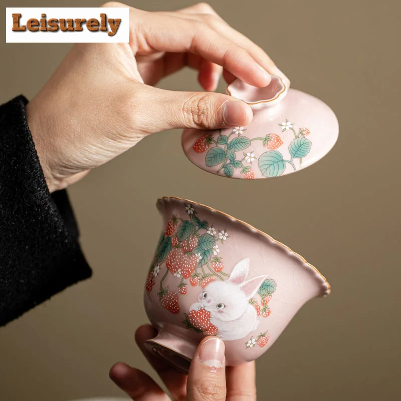 100ml Boutique Pink Ru Kiln Gaiwan Luxury Strawberry Rabbit Tea Tureen Household Tea Maker Cover Bowl for Accessories Gift