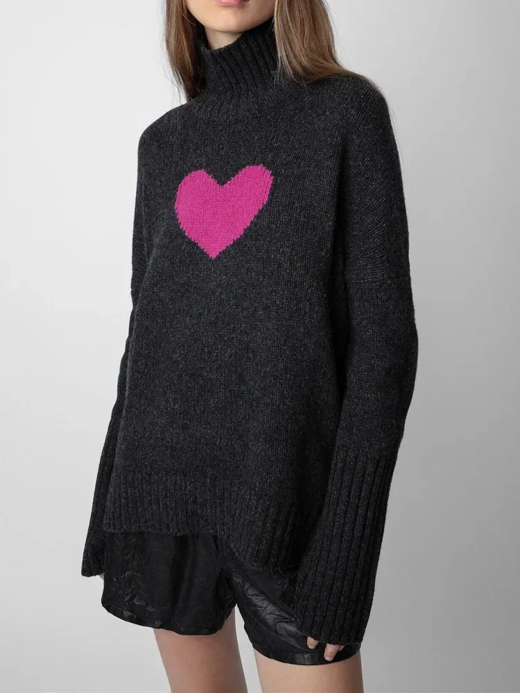 

Women Turtleneck Knitted Sweater Heart-Shaped Jacquard Fall Winter New 100% Cashmere Casual Pullover Tops