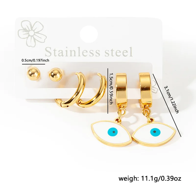 Chic Stylish Trendy 18K Gold Plated Stainless Steel Blue Turkish Eyes Earrings Jewelry 3Pair/Set Earrings For Women 4