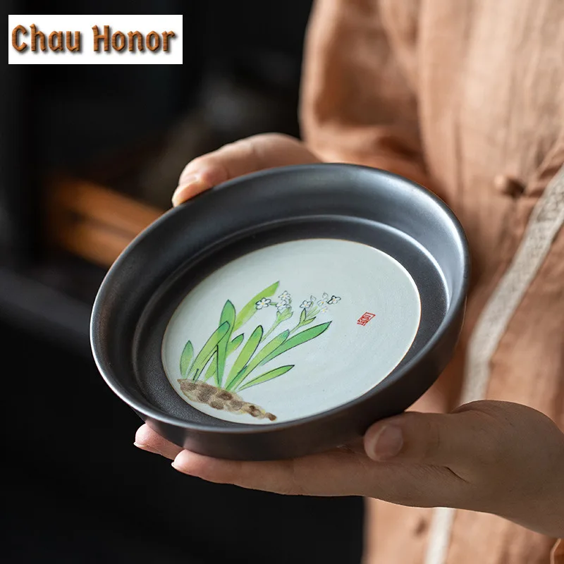 Pure Hand-painted Narcissu Art Pot Bearing Holder Iron Rust Glaze Tea Tray Water Storage Dry Soaking Table Base Kung Fu Tea Set