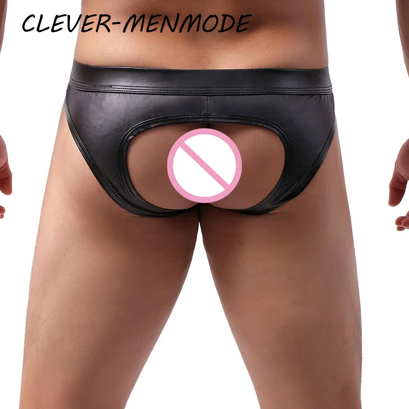 Mens underwear Men's Sexy Lingerie Openwork Sheer PU O Ring Buttock Briefs Faux Leather Mini U Convex Penis Bag Panties Micro Sissy Bikini