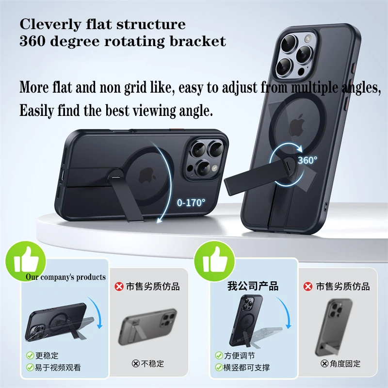 Matte Transparent Magsafe Phone Case with 360° Rotating Aluminum Alloy Magnetic Bracket