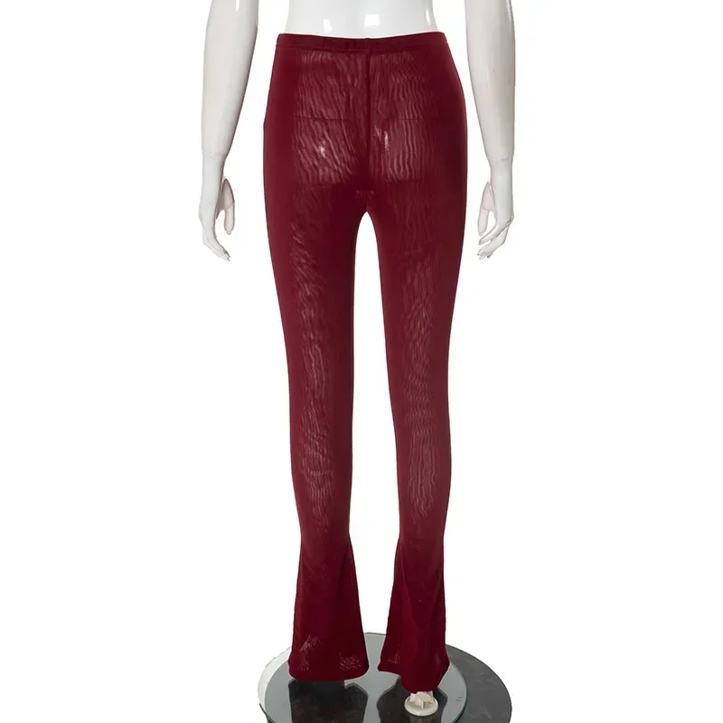 2025 Spring Women See Through Mesh Flare Pants Fashion Sexy High Waist Stretch Boot Cut Trousers Club Party Streetwear Bottoms 3