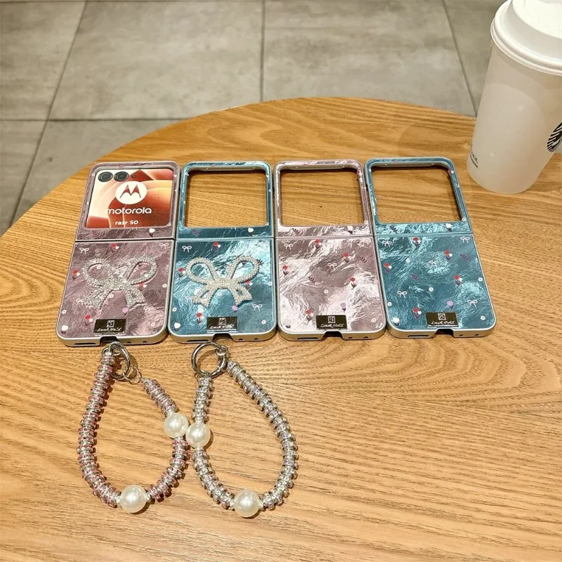 Cherry Pattern Glitter Bow Protective Phone Case with Bracelet – Hard Shell Back Cover