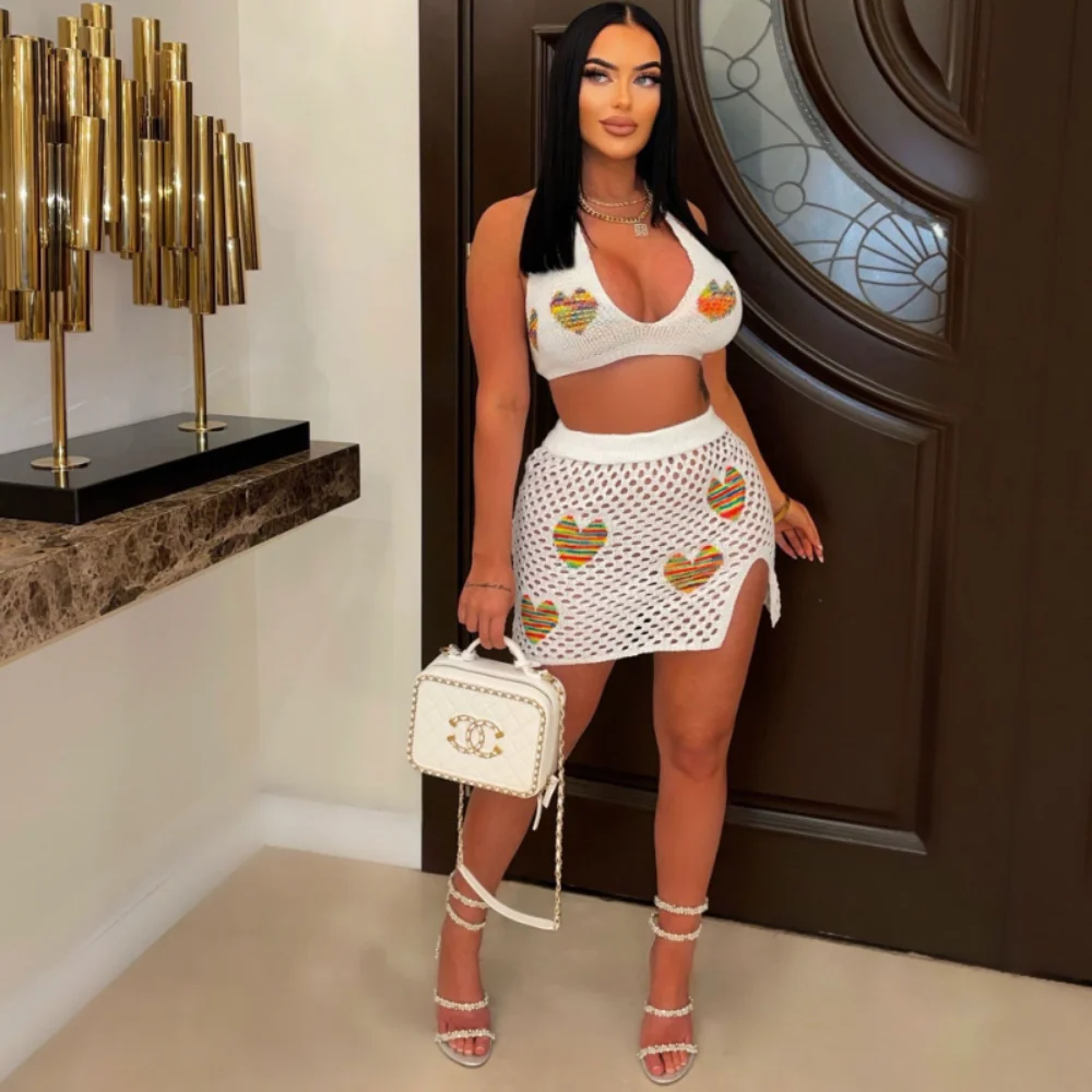 

Sexy Loveheart Jacquard Knitted Two Piece Set Outfit Party Club Dress Women Lace Up Backless Bra Top Split Skirt Beachwear Suit