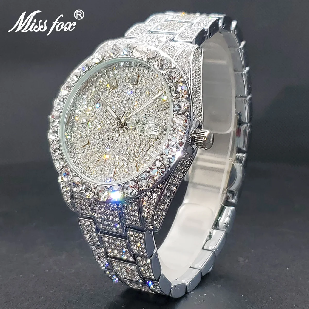 

Luxury Watch Man Fashion Iced Drop Moissanite Large Men's Watches 42mm Case With Calendar Luminous Hand Clock Power By Battery