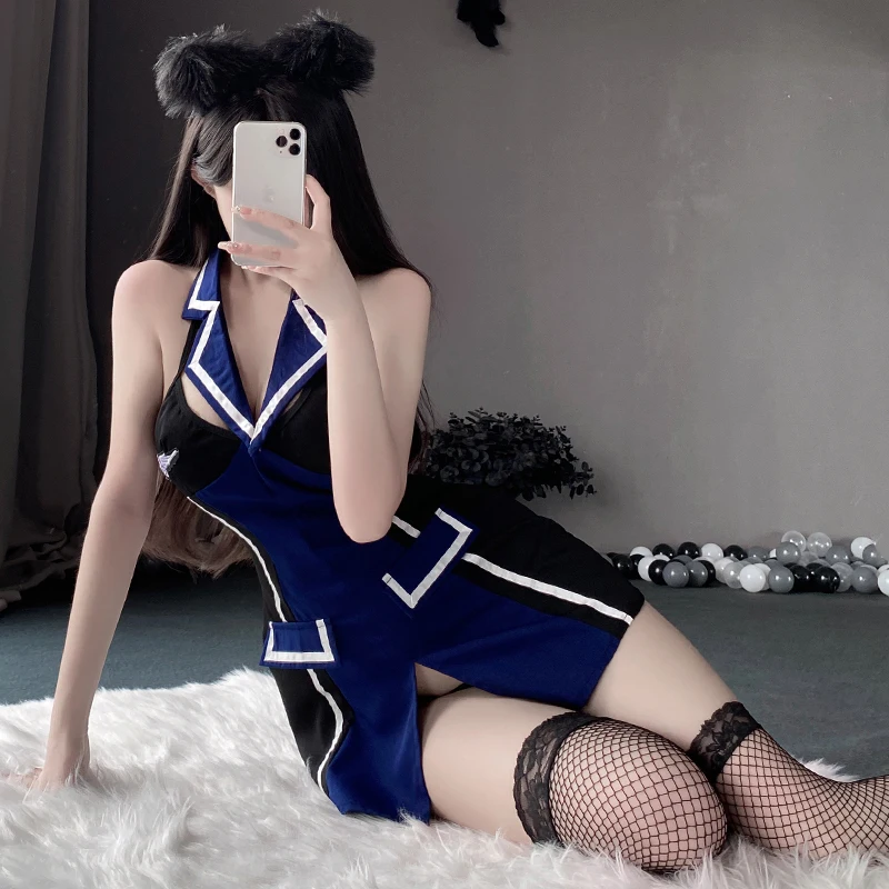 

Nightclub Pure Desire Sexy Hanging Neck Lace Up Female Police Uniform Seduction Private Girl Role Play Split Short Skirt Set