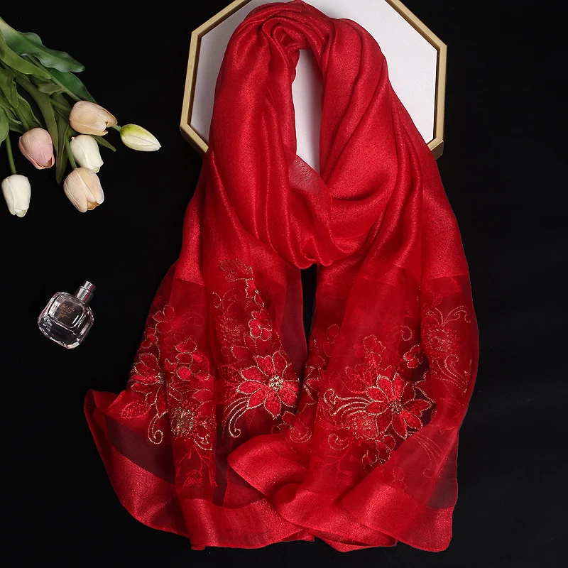 2024 Luxury Silk Shawl Scarf for Women Design Embroidery Flowers Hijab Wraps Bufandas Female Headkerchief Fouloud Echarpe 3