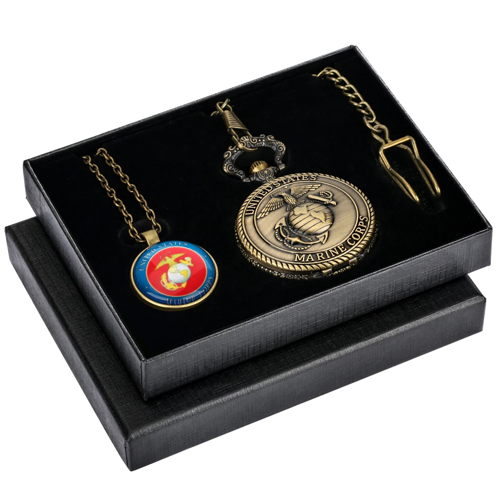 Pocket Watch Set with Box Exquisite Accessory Necklaces Retro Alloy Quartz Clock American Eagle Army Theme Birthday Gift for Men