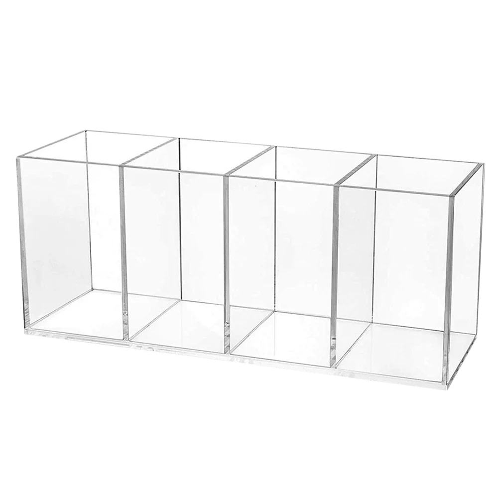 

Pen Holder Acrylic Brush Makeup Storage Box Countertop Container Desktop Clear Divided Desk 4-Compartment Organizer Case