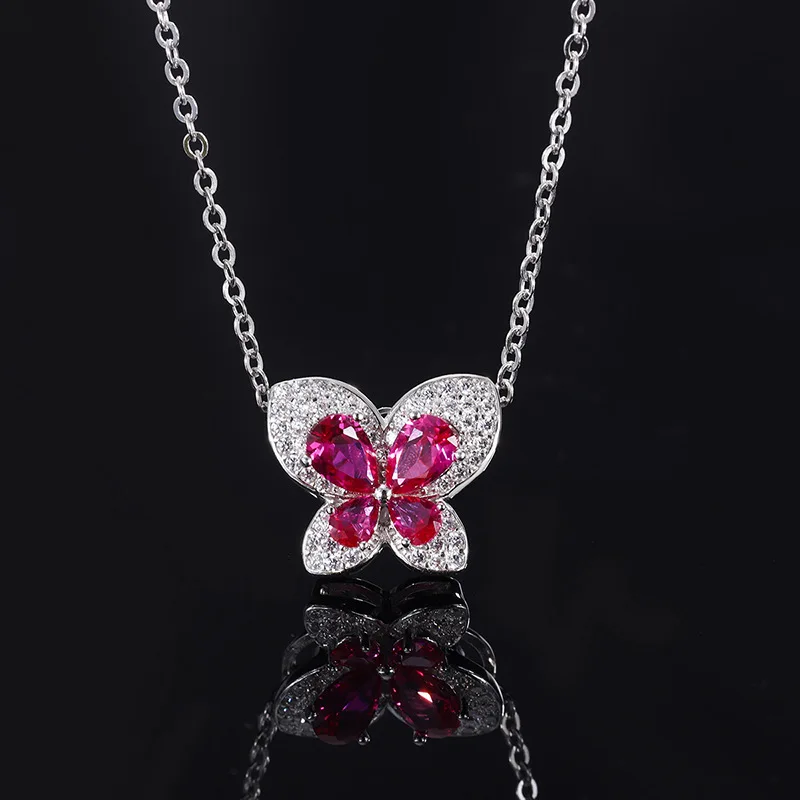 

Jewelry New S925 Full body Silver Simulated Ruby Full Diamond Inlaid Butterfly Pendant Necklace