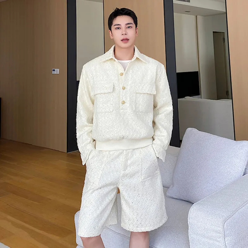 

SYUHGFA Men's Shorts Set Autumn Winter Thickened Woolen Polo Collar Jackets Coat Two Piece Wide Leg Short Pants Fashion Set