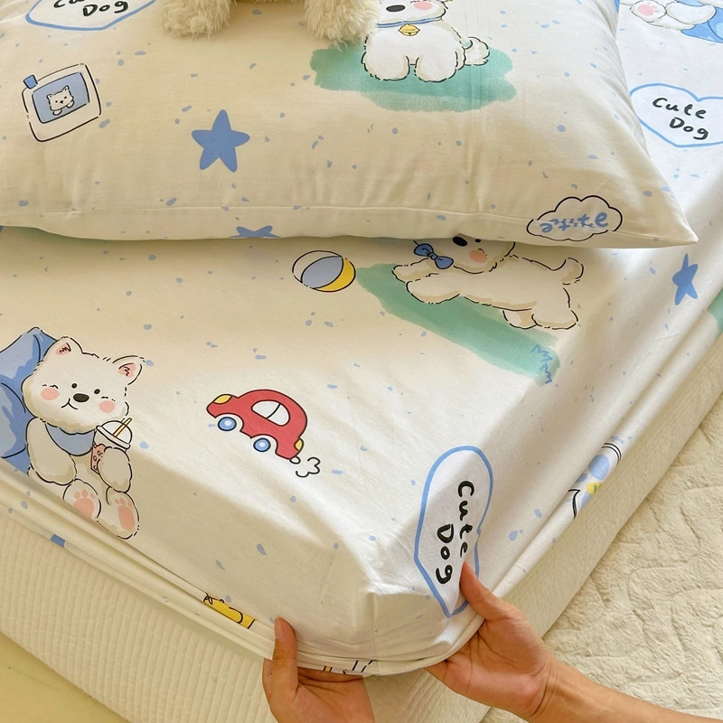 3pcs Cotton Cute Dog Fitted Sheet Set, Cartoon Car Pattern Children Bedroom Bed Cover, Star Print Bedspread with 2 Pillowcases - Image 3