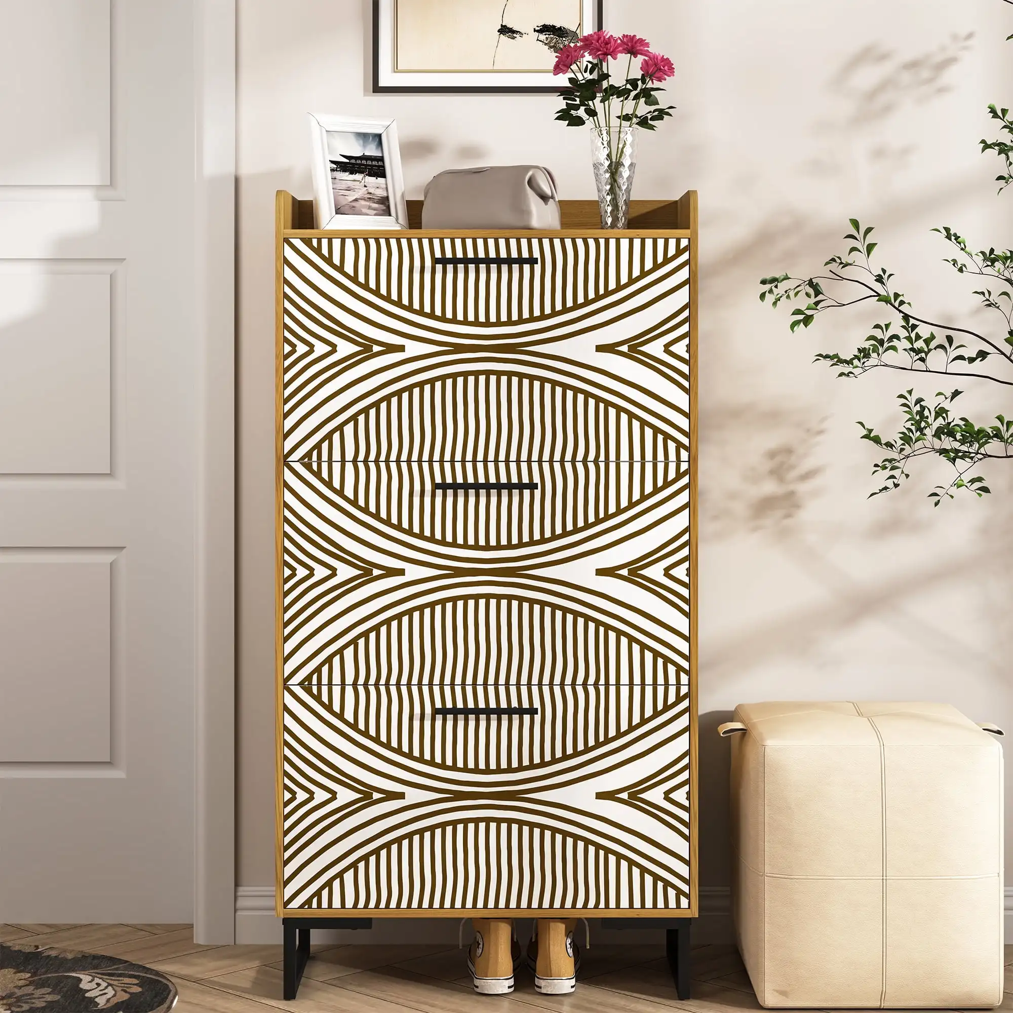 

Hommoo 3 Tiers Flip Shoe Storage Cabinet with PVC Painted Modern Wood Shoe Rack Storage Organizer for Home Brown