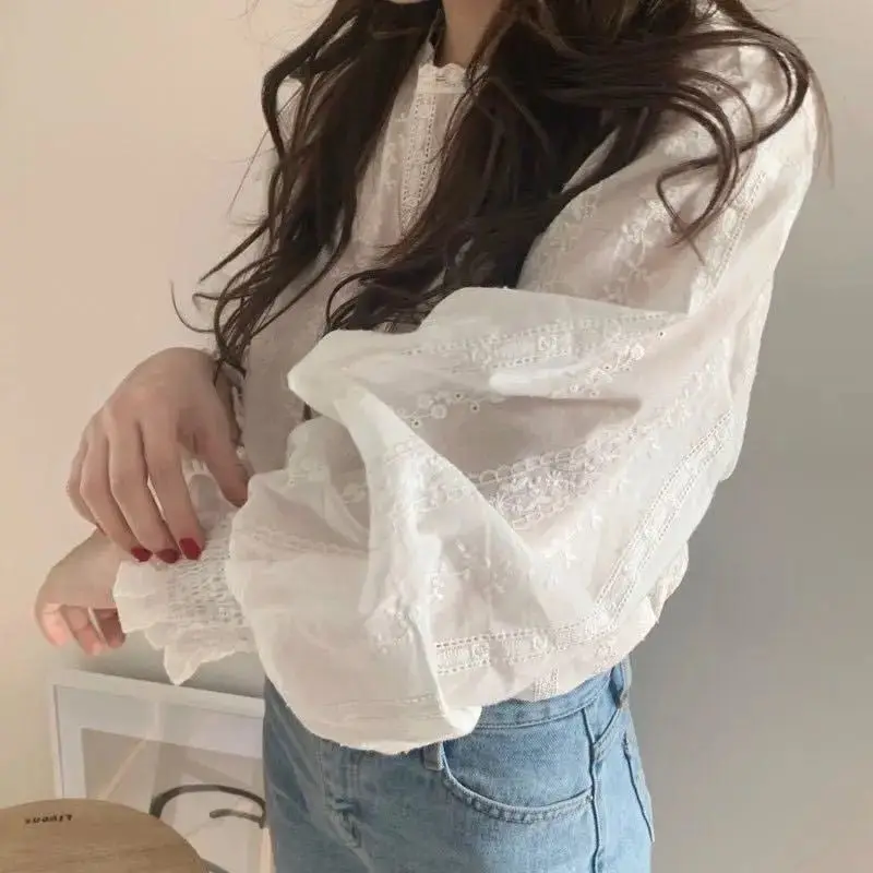 Blusa de mujer, moda Y2K, ropa de color sólido con ribete de encaje, camisa de manga larga abullonada, top de los años 2000, ropa estética urbana