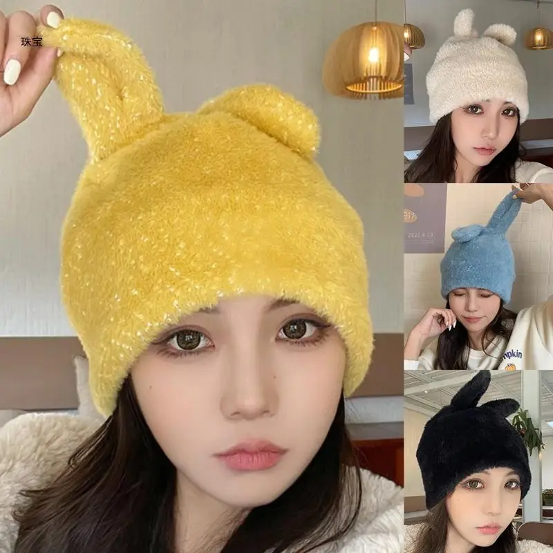 

X5QE Lovely Rabbit Ears Woolen Hat Winter Painter Beanie Hat Wild Plush Hat for Outdoor Outing Happy Selfie Women Female Girl