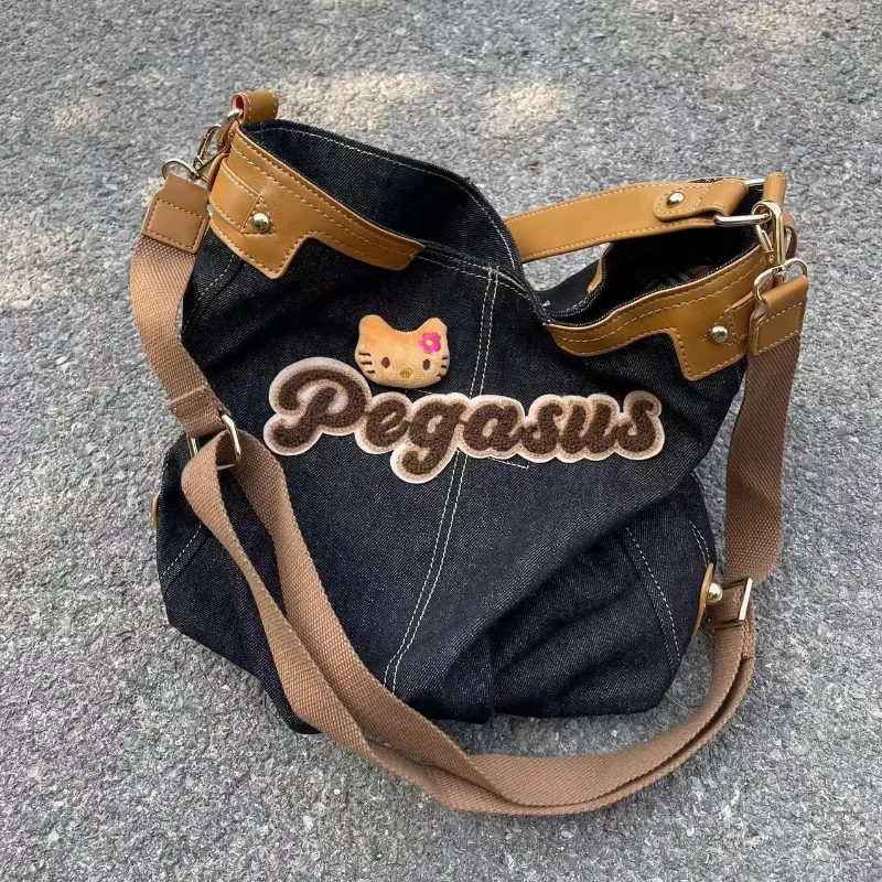 

Sanrio Hello Kitty Vintage Handbag Backpack Messenger Bag Storage Bags New Anime Cartoon Wild High Capacity Denim Bag for Girls