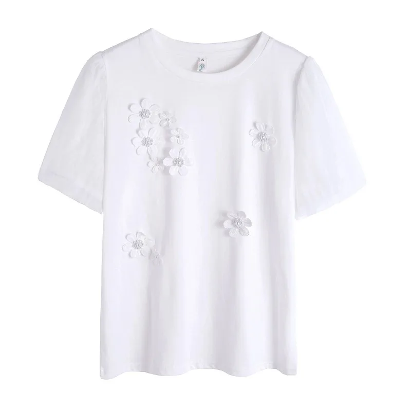 Women's Beading Flower Tops Short Sleeve T-shirts Casual Round Collar Clothes Summer White Tees New Sweet 8542