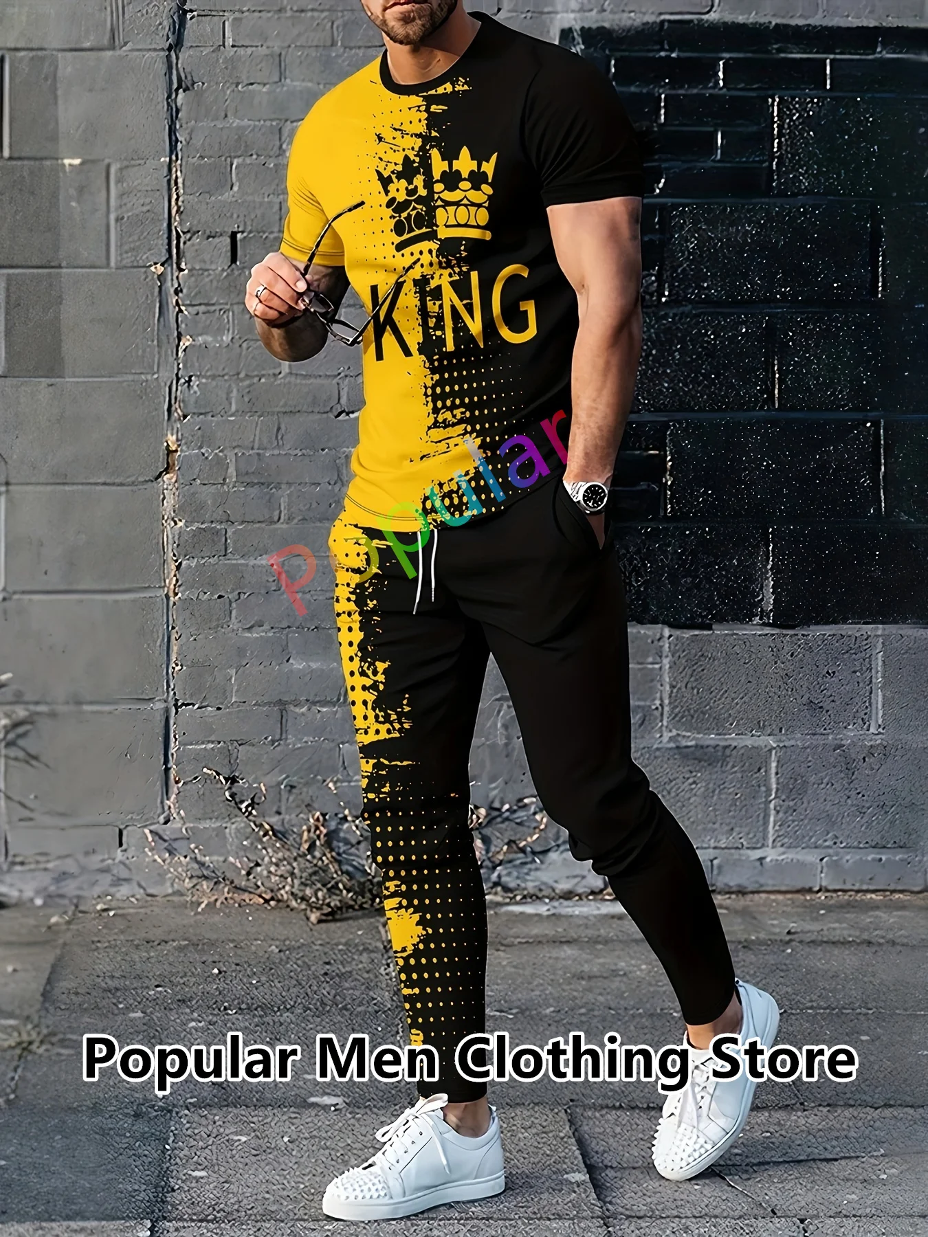 

KING 3D Print Tracksuit For Men Short Sleeve T Shirt+Long Pants 2 Piece Set Man Oversized Clothes Joogers Outfit Trousers Suit
