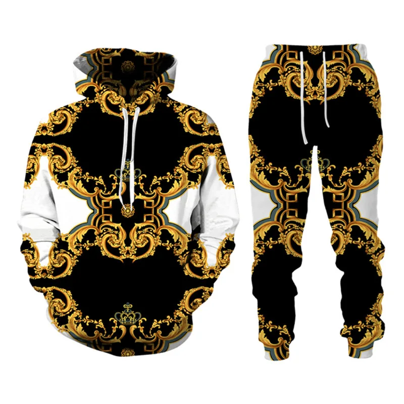 thumbnail image 1 of Conjunto de 2 sudaderas con capucha y cadena de lujo para hombre, con estampado 3D de cuerpo completo, estilo retro, estilo corte, pantalón y traje, primavera y otoño, 1 of 5