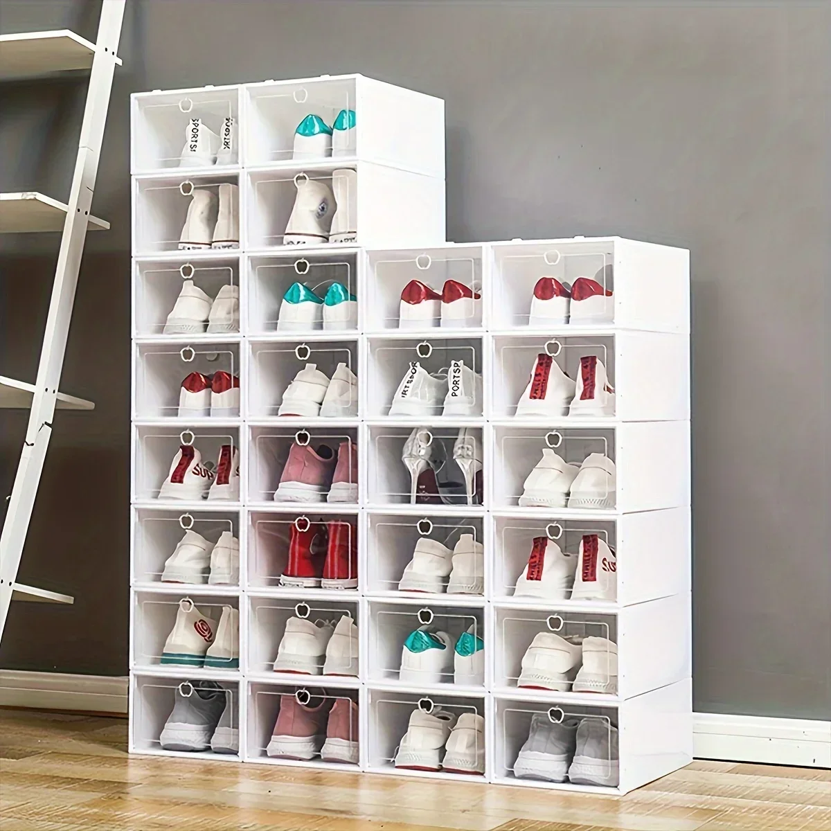 Transparent plastic shoe box with flip cover, stackable and waterproof shoe storage, durable transparent design