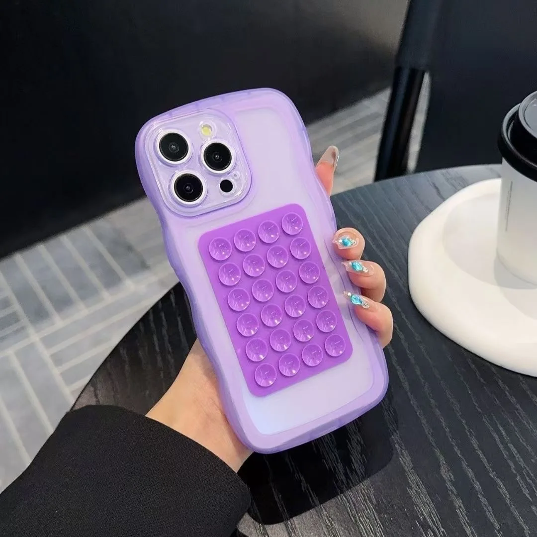 Transparent Shockproof Soft Back Phone Case with Suction Cup Stand and Wave Border Design