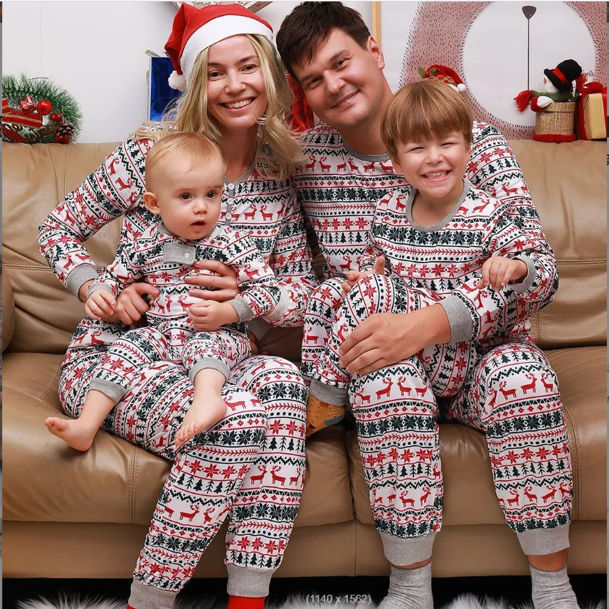 2023 Christmas Moose Family Matching Pajamas Set New Year's Clothes Adults  Kids Sleepwear Baby Rompers Soft Loose Xmas Outfits