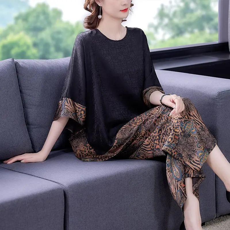 2023 New Summer Fashion Retro Elegant Temperament Round Neck Print Leisure Loose Vacation Party Oversized Women's Two Piece Set