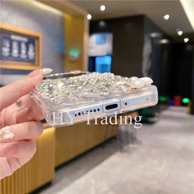 Pink Flower Glitter Silver Diamond Case For Xiaomi 15 Ultra 12s/13/14 Ultra 15 Pro Fundas Bling Rhinestone Transparent Cover
