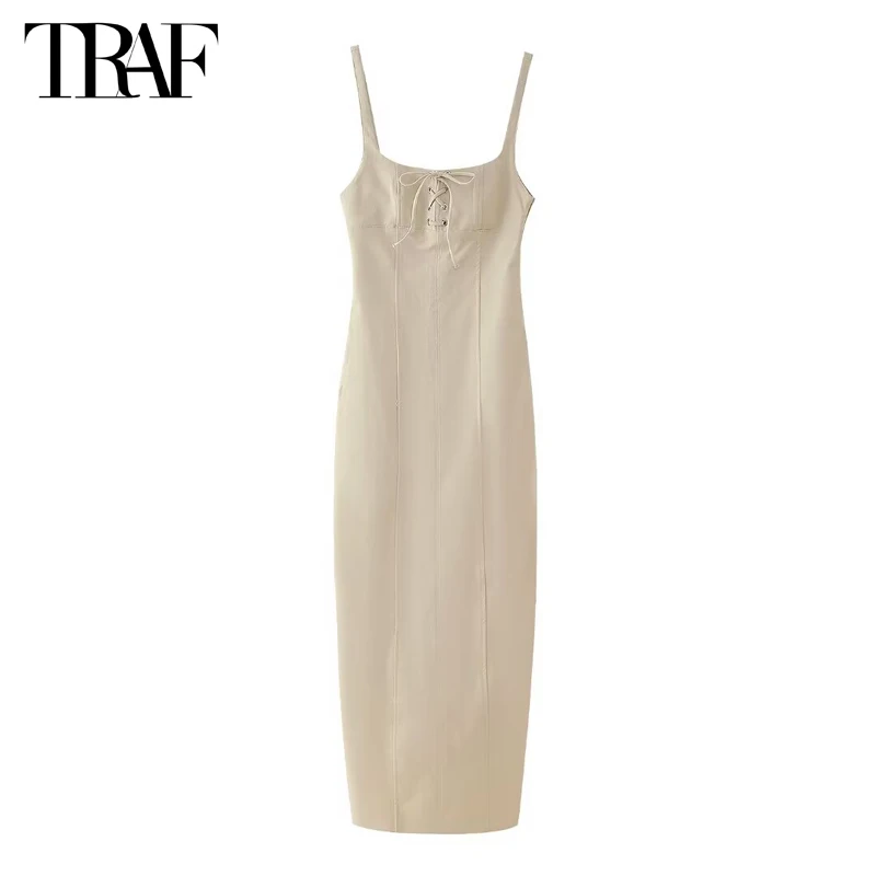 

TRAF 2024 Slip Long Dress Woman Summer Beach Midi Dresses for Women Straps Backless Womens Dresses Bodycon Holiday Female Dress