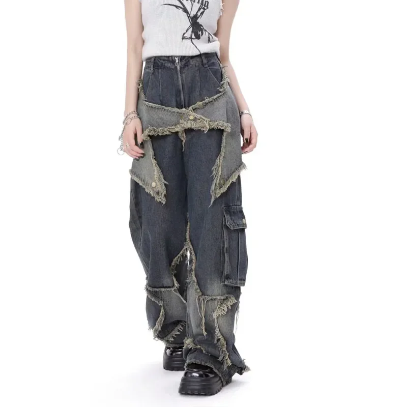 

Vintage Blue High Waist Ripped Jeans Women Street Wide-legged Denim Jeans Women Casual Loose Fashion Ladies Long Trousers 30343