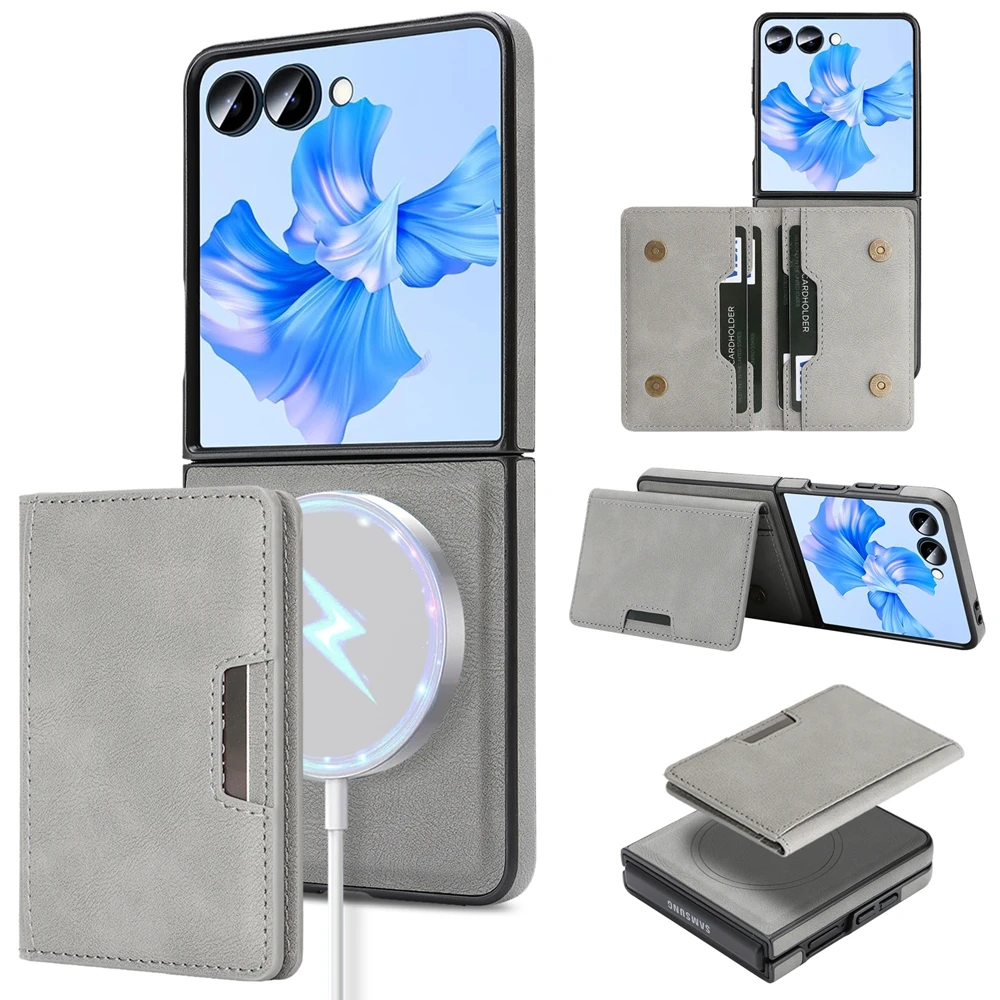 Magnetic Leather Phone Case with Card Holder & Kickstand, Wireless Charging Compatible