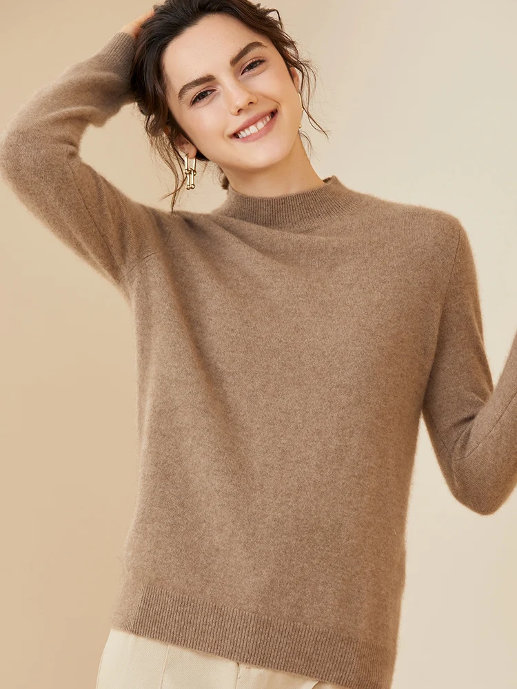 High-quality Autumn Winter Women Mock-neck Sweater Pullover 100% Cashmere Basic Bottom Shirt Long Sleeve Cashmere New Knitwear