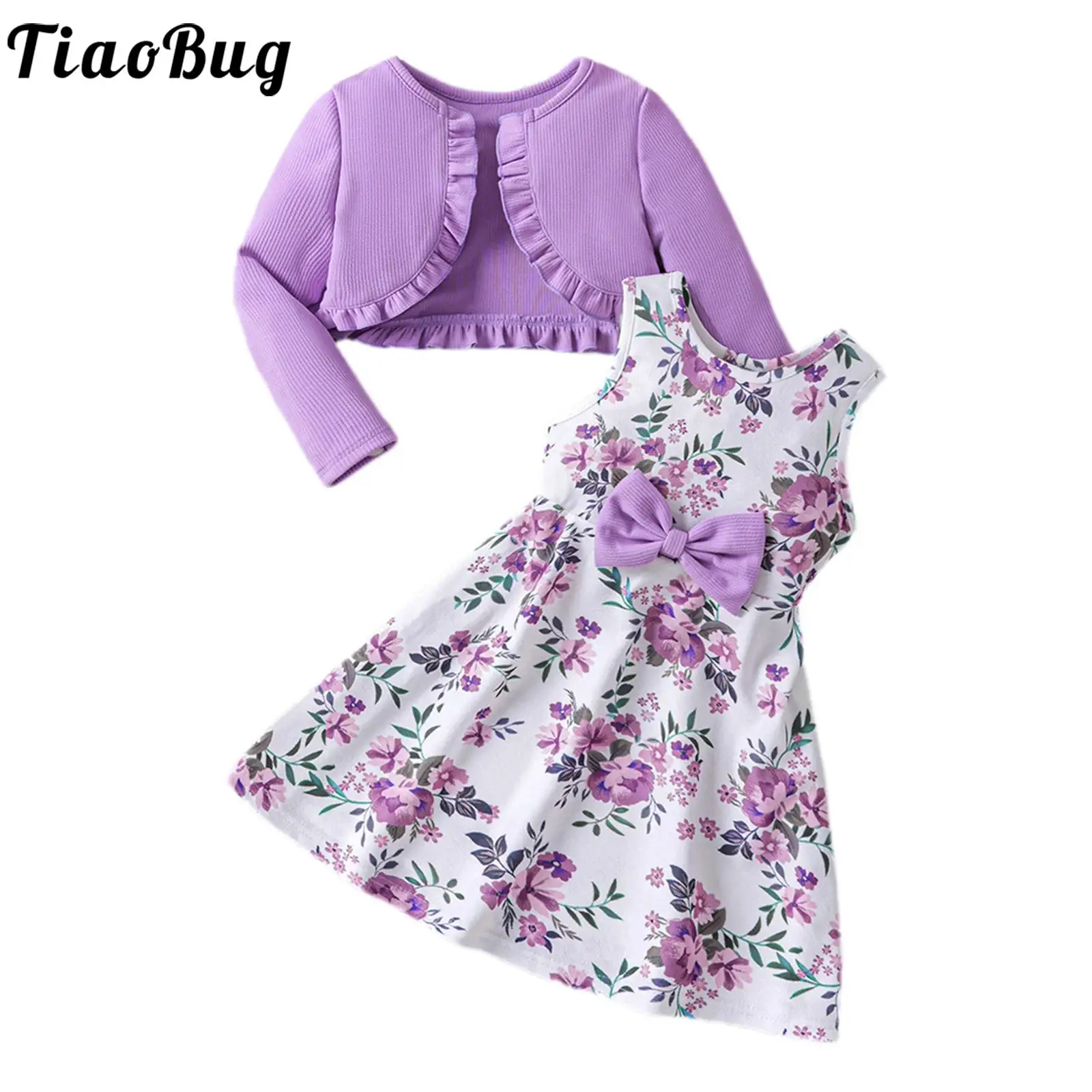 Kids Toddlers Girls Spring Dress Sleeveless Floral Print Sundress with Long Sleeve Ruffle Cardigan Coat Birthday Party Outfits